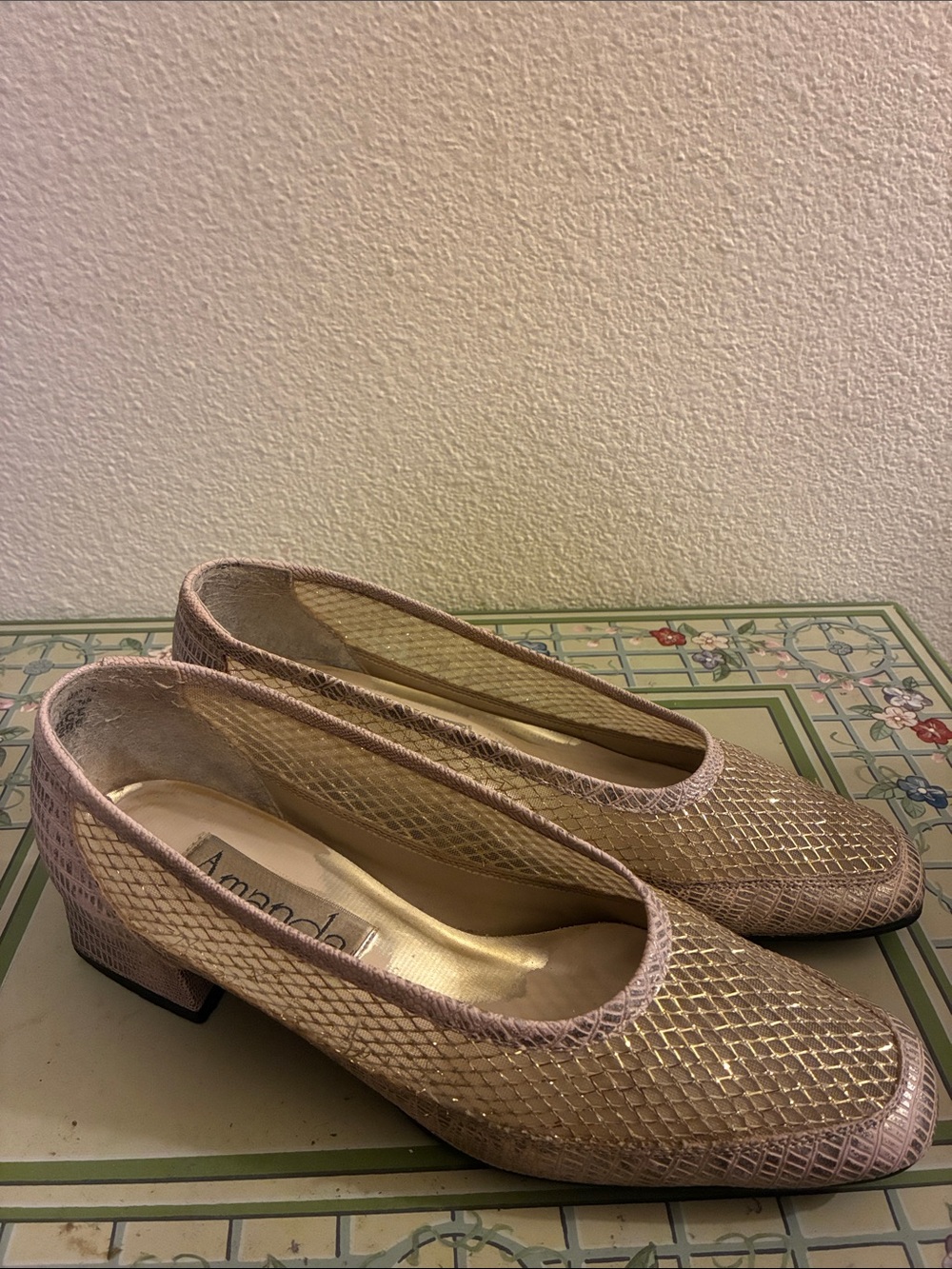 Amanda Gold Mesh Low Block Heel Pumps
